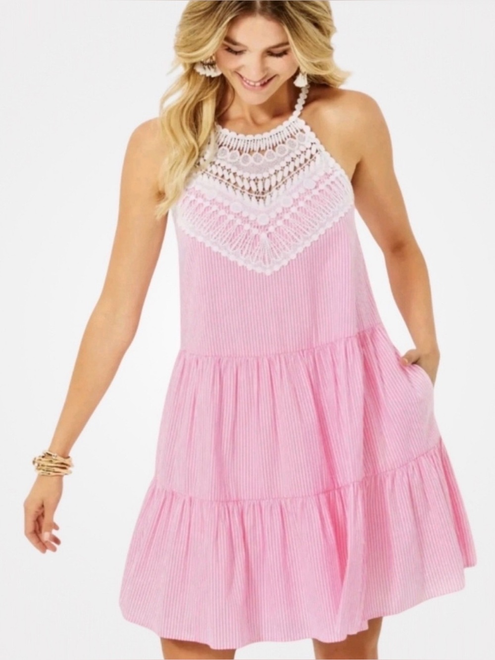 Lilly Pulitzer Pink Crochet Halter Tiered Sundress